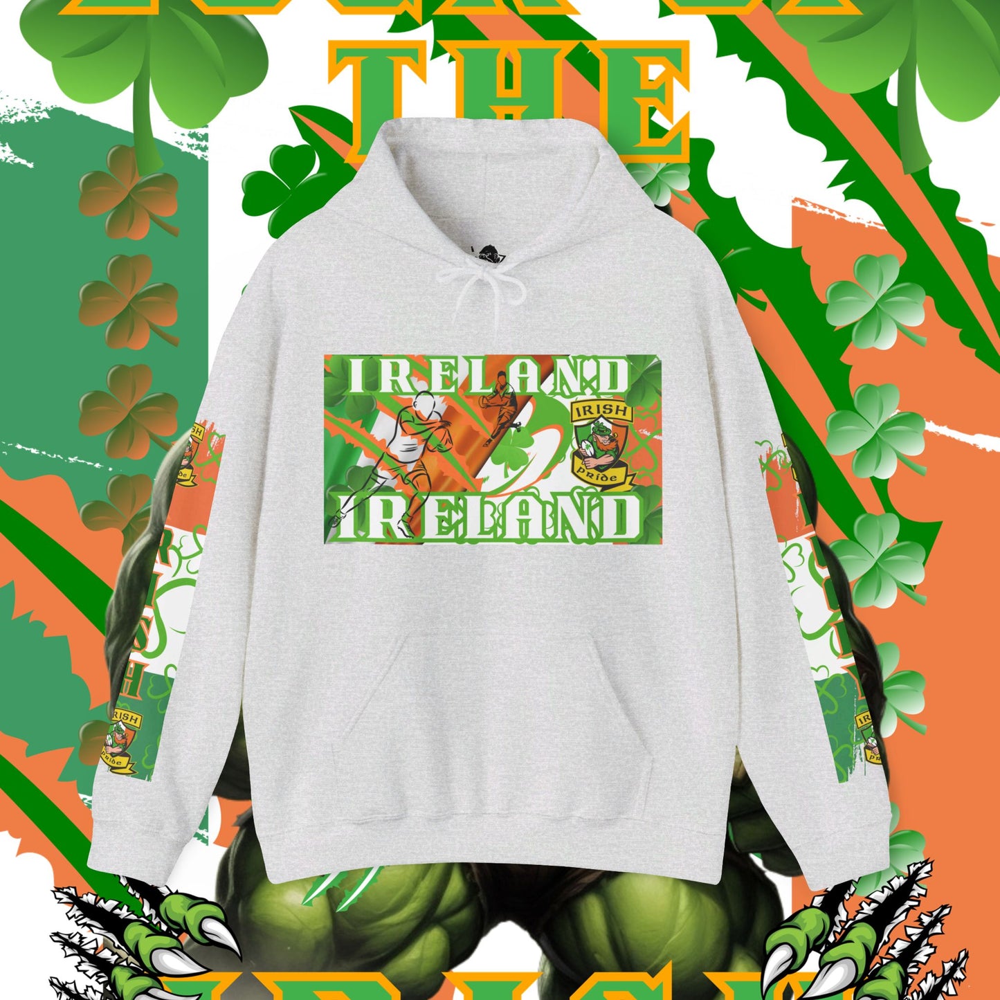 Ireland Irish Hoodie, Irish rugby pullover, luck of the Irish hoodie, 4 leaf clover, leprechaun, Ireland rugby, unisex hoodie,