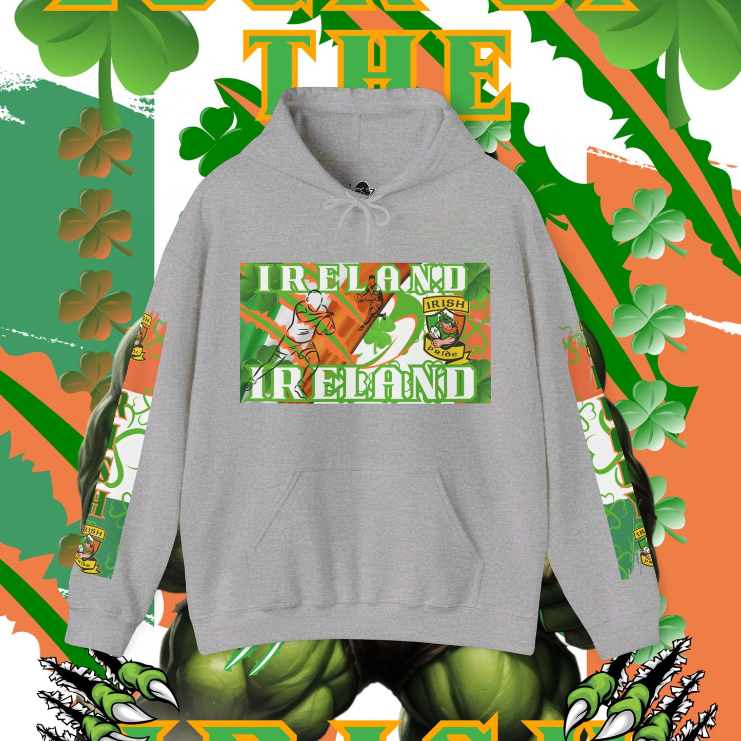 Ireland Irish Hoodie, Irish rugby pullover, luck of the Irish hoodie, 4 leaf clover, leprechaun, Ireland rugby, unisex hoodie,