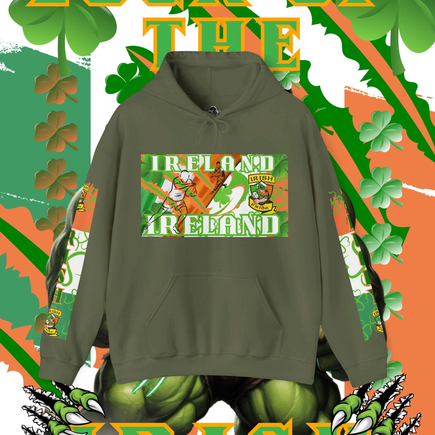 Ireland Irish Hoodie, Irish rugby pullover, luck of the Irish hoodie, 4 leaf clover, leprechaun, Ireland rugby, unisex hoodie,