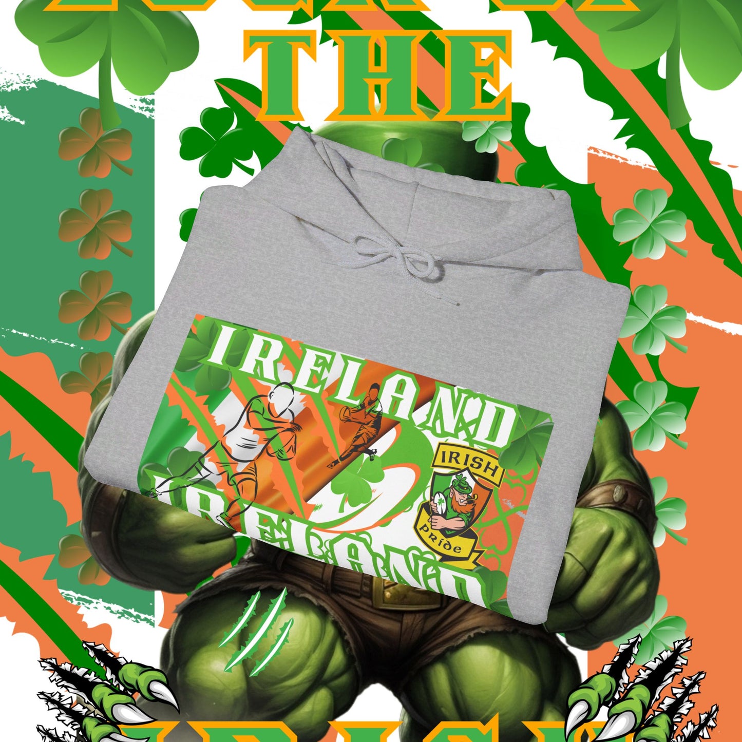 Ireland Irish Hoodie, Irish rugby pullover, luck of the Irish hoodie, 4 leaf clover, leprechaun, Ireland rugby, unisex hoodie,