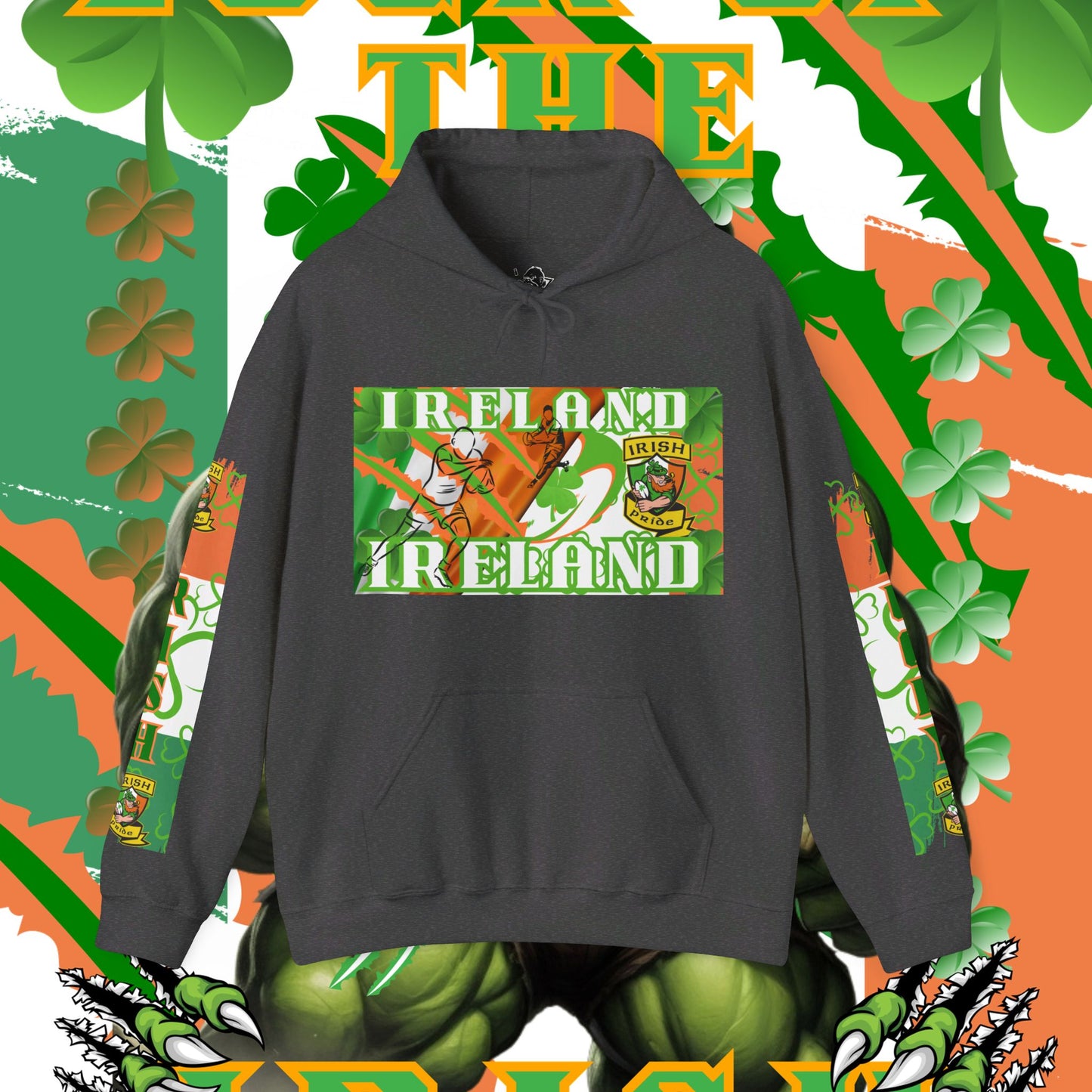 Ireland Irish Hoodie, Irish rugby pullover, luck of the Irish hoodie, 4 leaf clover, leprechaun, Ireland rugby, unisex hoodie,