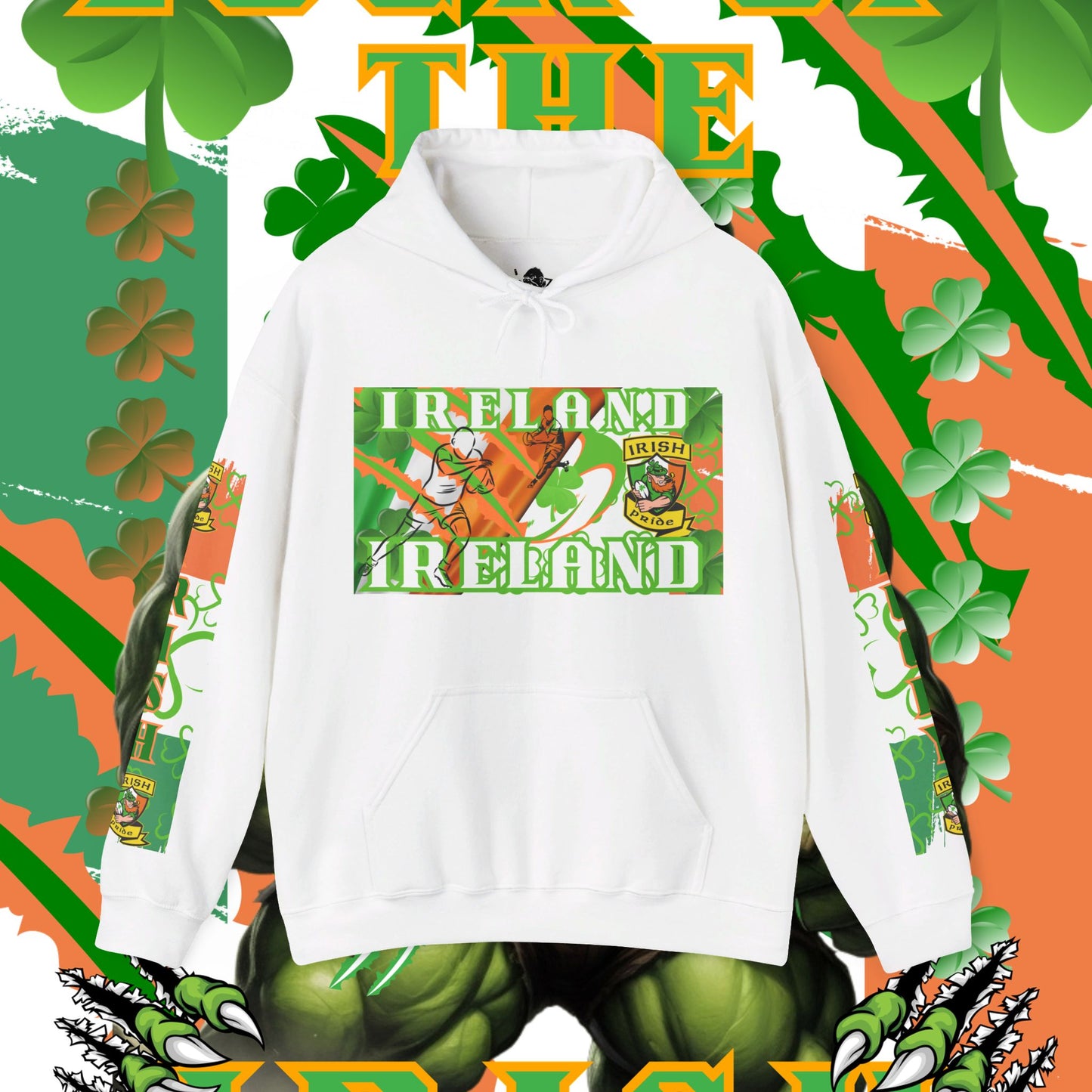 Ireland Irish Hoodie, Irish rugby pullover, luck of the Irish hoodie, 4 leaf clover, leprechaun, Ireland rugby, unisex hoodie,