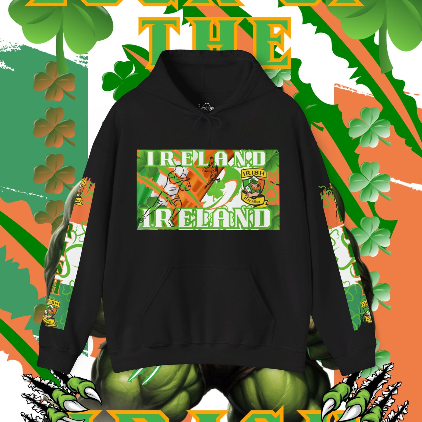 Ireland Irish Hoodie, Irish rugby pullover, luck of the Irish hoodie, 4 leaf clover, leprechaun, Ireland rugby, unisex hoodie,