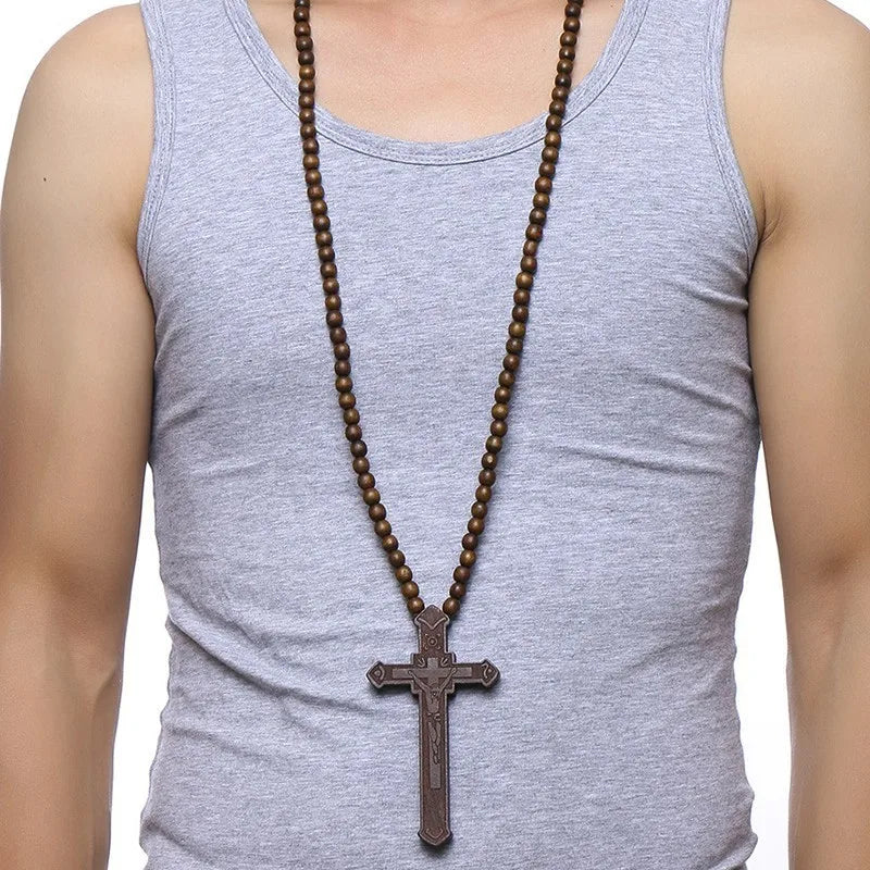 Long Rosary Necklace Large Wood Jesus Christ Cross Pendant With Wooden Beads Sweater Chain Male Collier Statement Jewel