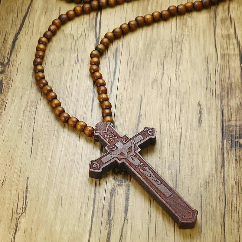 Long Rosary Necklace Large Wood Jesus Christ Cross Pendant With Wooden Beads Sweater Chain Male Collier Statement Jewel