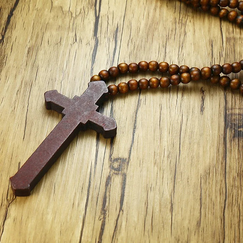 Long Rosary Necklace Large Wood Jesus Christ Cross Pendant With Wooden Beads Sweater Chain Male Collier Statement Jewel