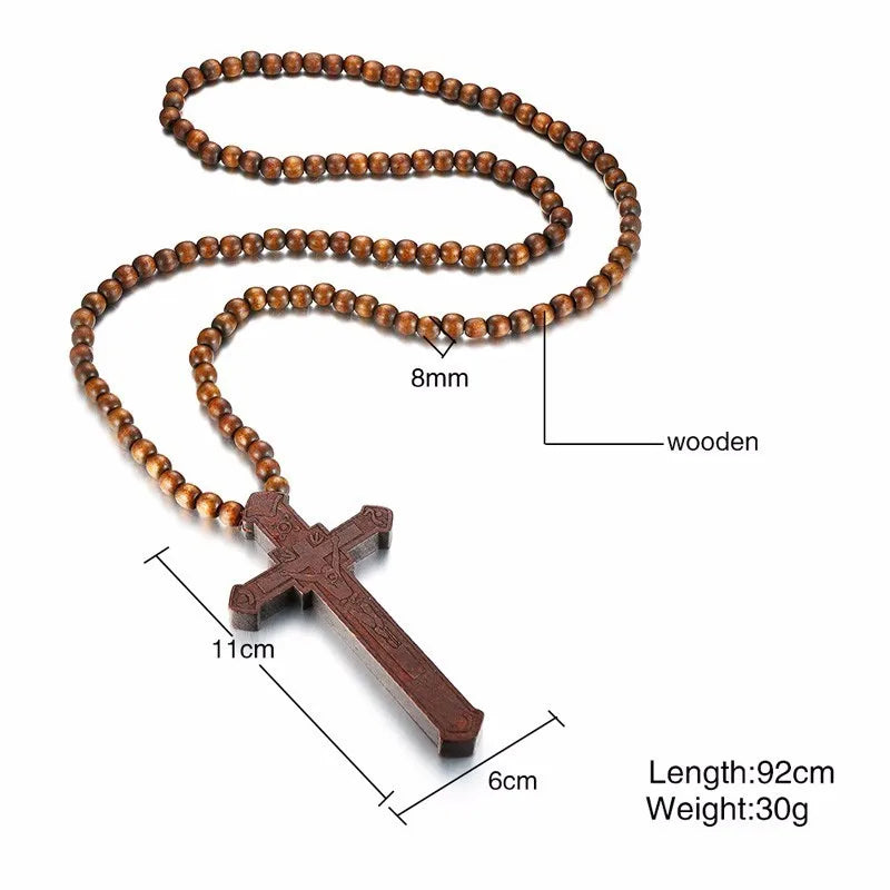 Long Rosary Necklace Large Wood Jesus Christ Cross Pendant With Wooden Beads Sweater Chain Male Collier Statement Jewel