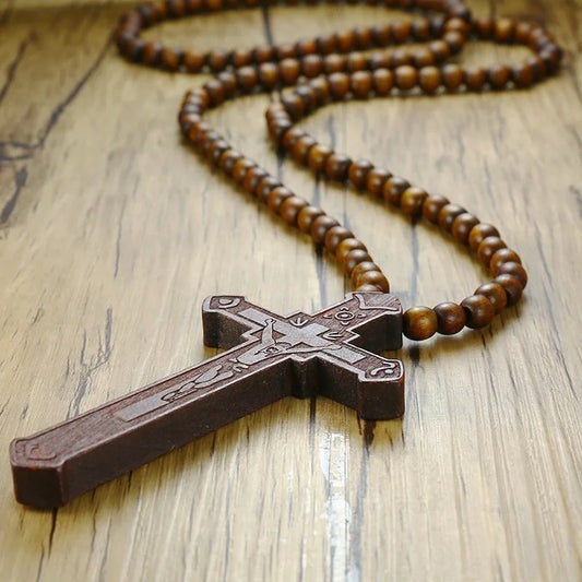 Long Rosary Necklace Large Wood Jesus Christ Cross Pendant With Wooden Beads Sweater Chain Male Collier Statement Jewel