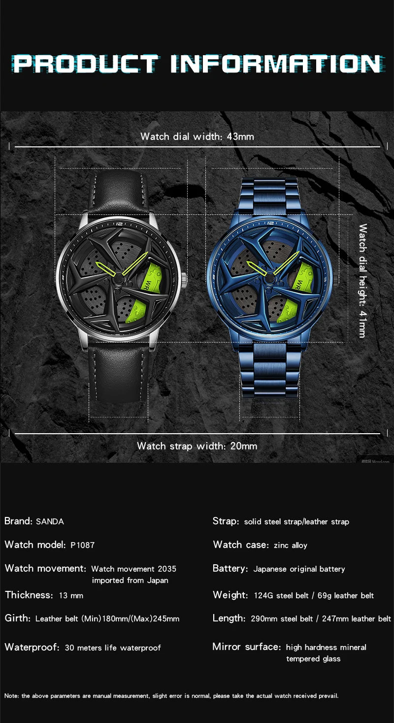 Fashion Men Watch Luxury 360 Rotating Car Wheel Dial Sports Quartz Watch Stainless Steel Casual Waterproof Wristwatch