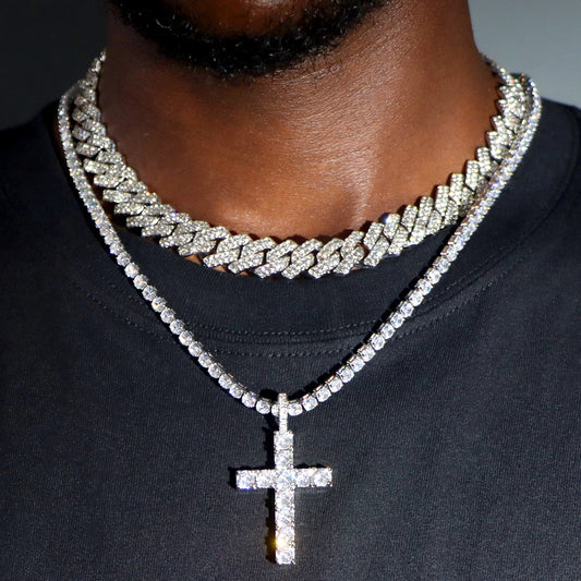 Hip Hop 2pcs Cross Tennis Chain 14MM Prong Cuban Necklace For Men Women Iced Out 2 Row Cuban Link Chain Necklaces Couple Jewelry