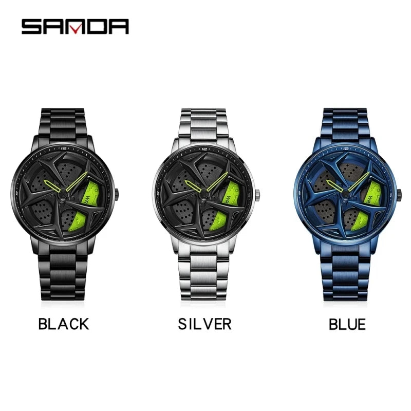 Fashion Men Watch Luxury 360 Rotating Car Wheel Dial Sports Quartz Watch Stainless Steel Casual Waterproof Wristwatch