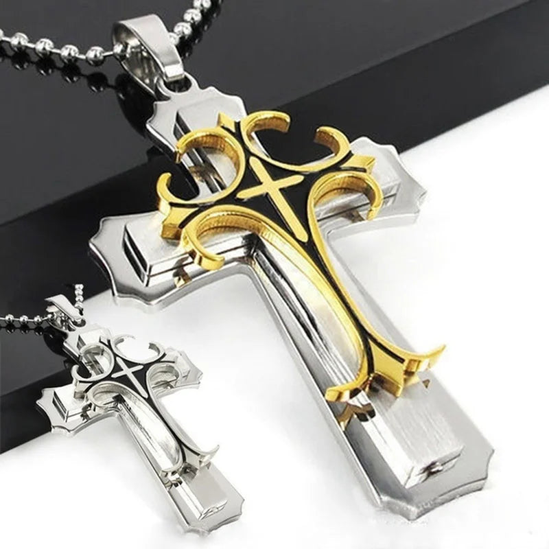 Fashion Creative Two Color Cross Necklace Double Cross Pendant Hip Hop Necklaces for Men Jesus Cross Jewelry Anniversary Gift