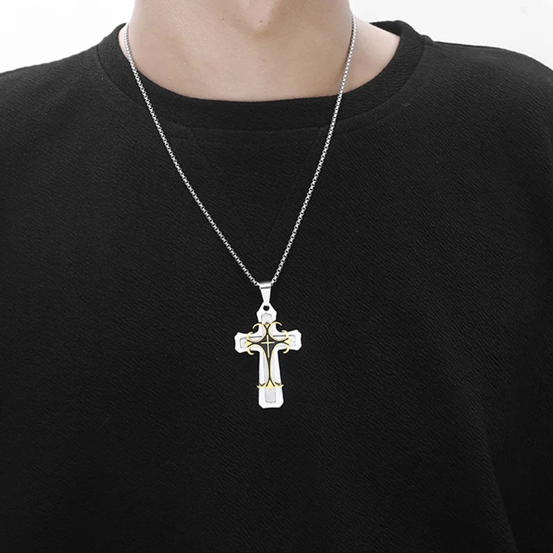 Fashion Creative Two Color Cross Necklace Double Cross Pendant Hip Hop Necklaces for Men Jesus Cross Jewelry Anniversary Gift