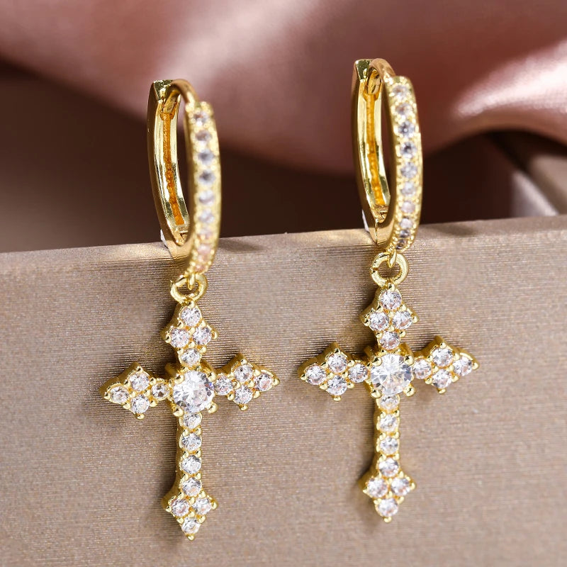 Fashion Punk Gold Color Cross Stud Earrings Hip Hop White Litter Rhimestone Jewelry Piercing Studs for Women Men Ear Accessories