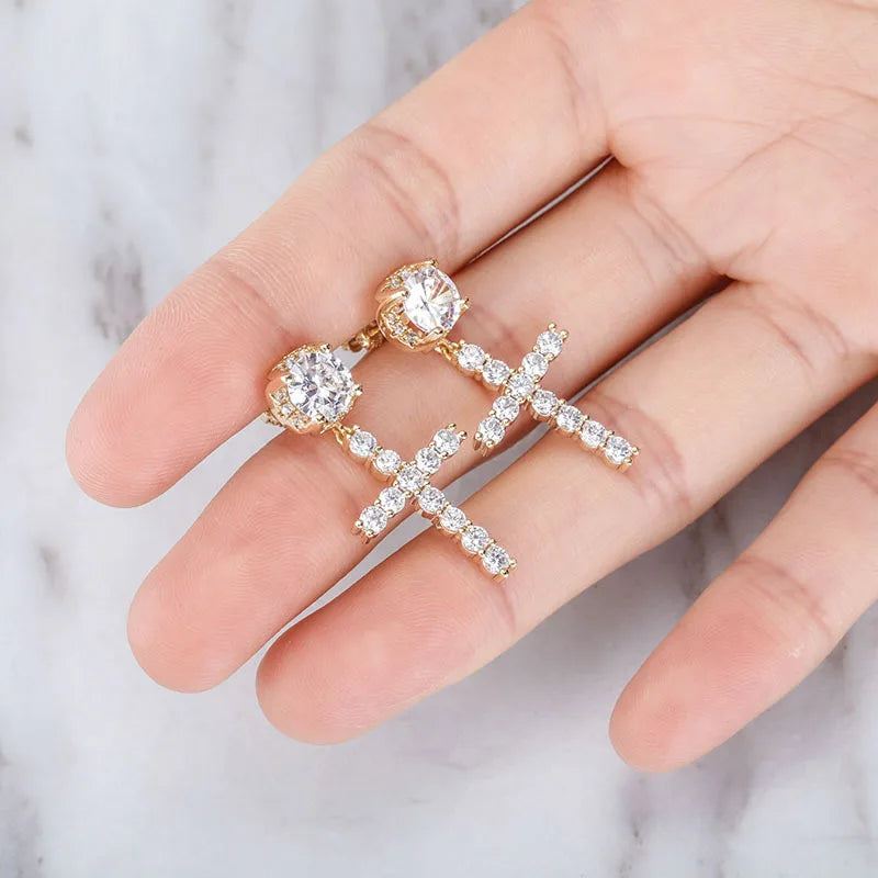 Fashion Punk Gold Color Cross Stud Earrings Hip Hop White Litter Rhimestone Jewelry Piercing Studs for Women Men Ear Accessories