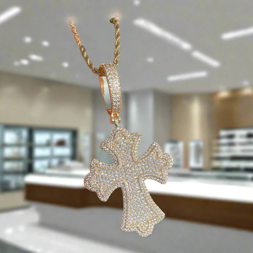 Bubble Letter Iced Out Cross Necklace for Men Prong Setting Cubic Zirconia Real Gold Plated Pendant Hip Hop Jewelry