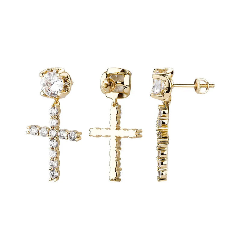 Fashion Punk Gold Color Cross Stud Earrings Hip Hop White Litter Rhimestone Jewelry Piercing Studs for Women Men Ear Accessories