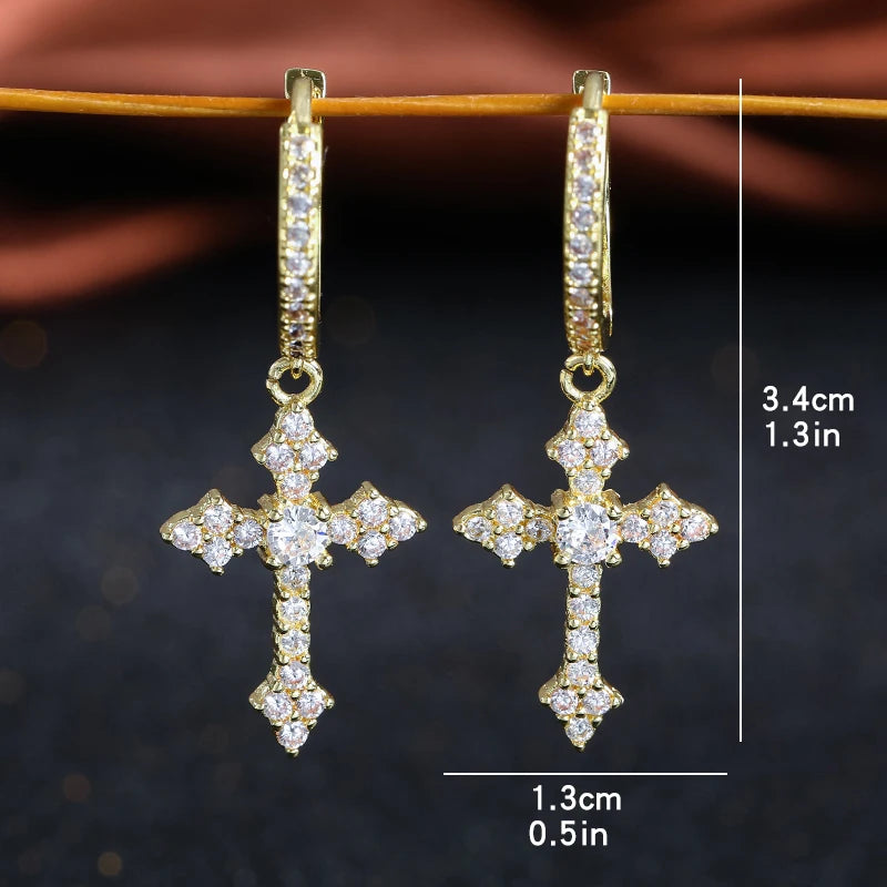 Fashion Punk Gold Color Cross Stud Earrings Hip Hop White Litter Rhimestone Jewelry Piercing Studs for Women Men Ear Accessories