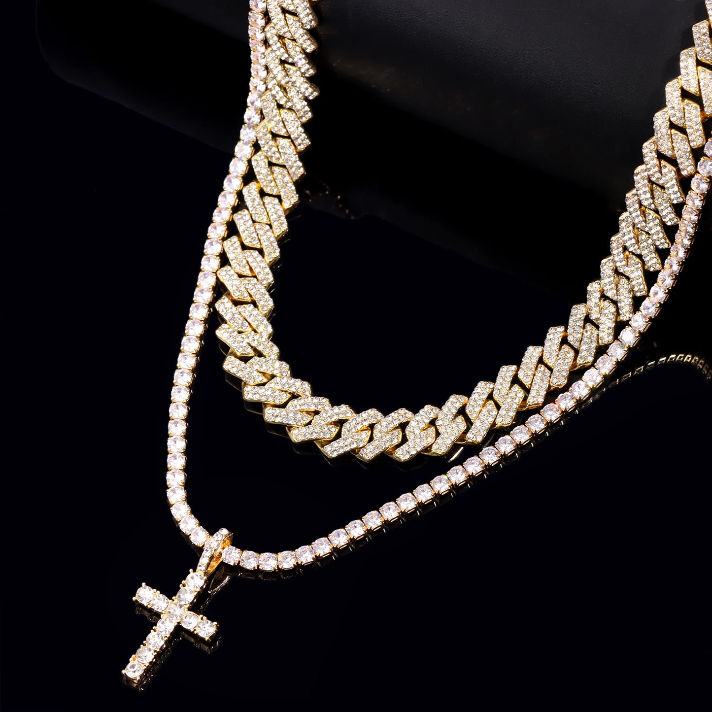 Hip Hop 2pcs Cross Tennis Chain 14MM Prong Cuban Necklace For Men Women Iced Out 2 Row Cuban Link Chain Necklaces Couple Jewelry