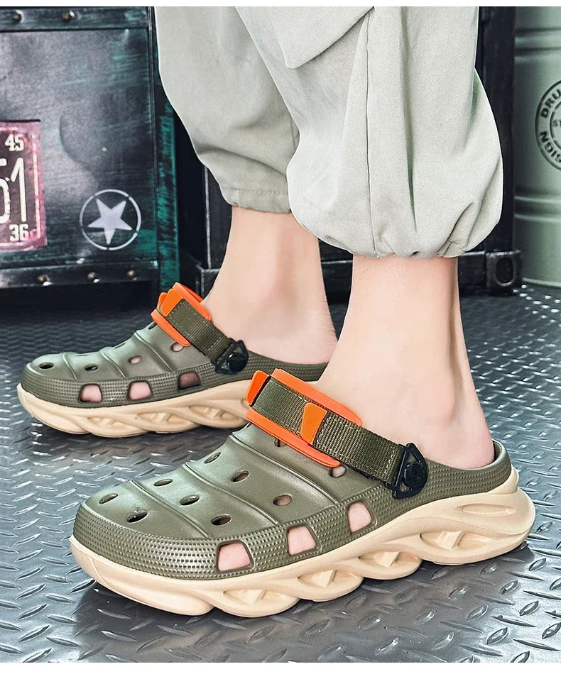 New 2024 Summer Thick Bottom Patchwork Fashion Sandals Men Casual Beach Shoes Hollow-Out Garden Clogs Outdoor Slippers EVA Shoes