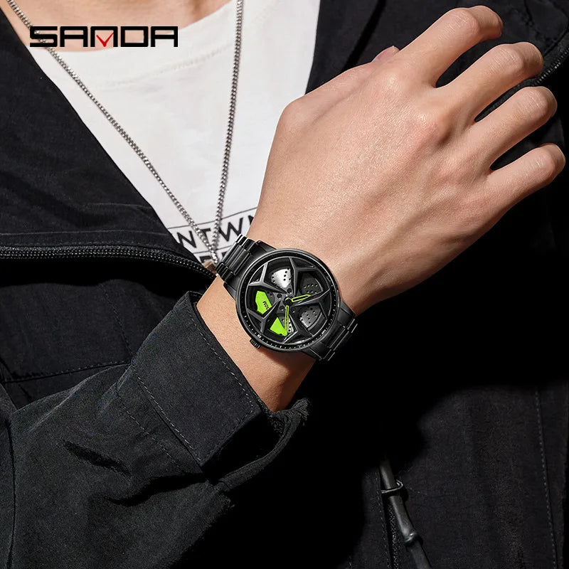 Fashion Men Watch Luxury 360 Rotating Car Wheel Dial Sports Quartz Watch Stainless Steel Casual Waterproof Wristwatch