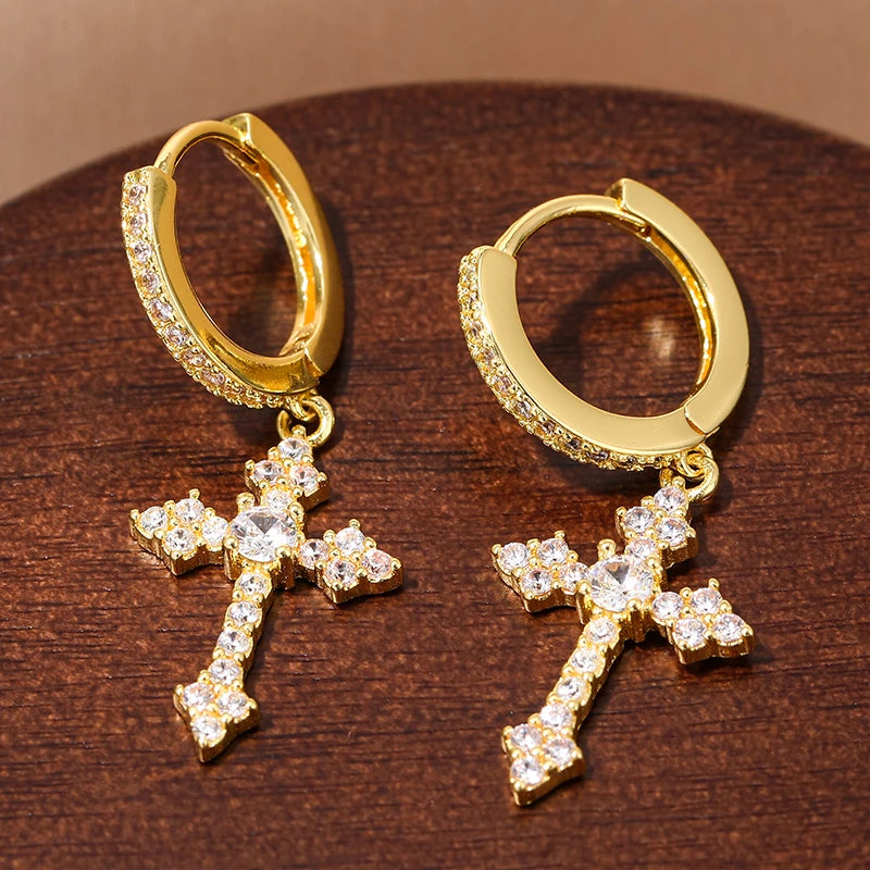 Fashion Punk Gold Color Cross Stud Earrings Hip Hop White Litter Rhimestone Jewelry Piercing Studs for Women Men Ear Accessories