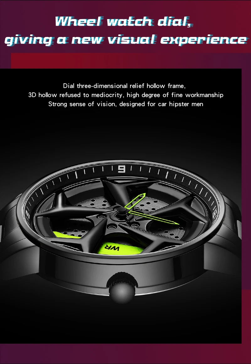 Fashion Men Watch Luxury 360 Rotating Car Wheel Dial Sports Quartz Watch Stainless Steel Casual Waterproof Wristwatch