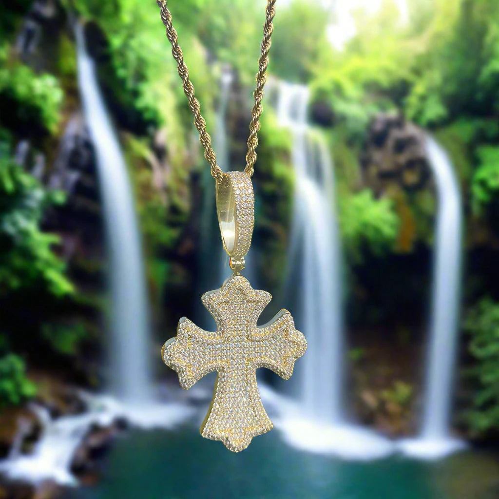 Bubble Letter Iced Out Cross Necklace for Men Prong Setting Cubic Zirconia Real Gold Plated Pendant Hip Hop Jewelry